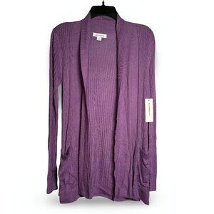 Liz Claiborne Cardigan Sweater Womens S Purple Open Front Ribbed Knit Pockets